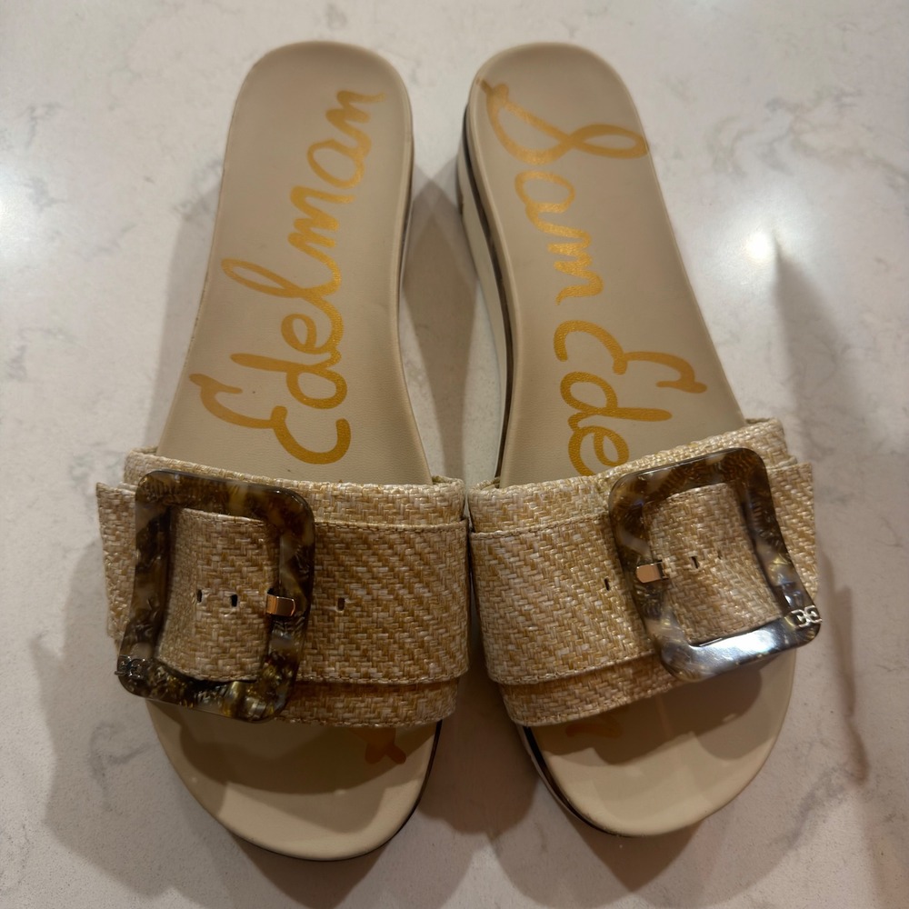 Sam Edelman Womens Raffia Buckle Slides Tortoiseshell Tan Flat Sandals Size 11